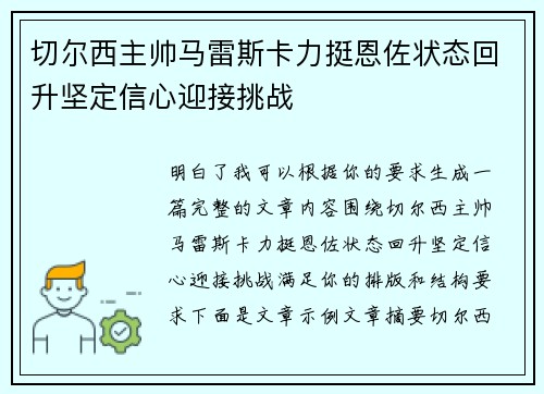 切尔西主帅马雷斯卡力挺恩佐状态回升坚定信心迎接挑战 切尔西主帅马雷斯卡力挺恩佐状态回升坚定信心迎接挑战
